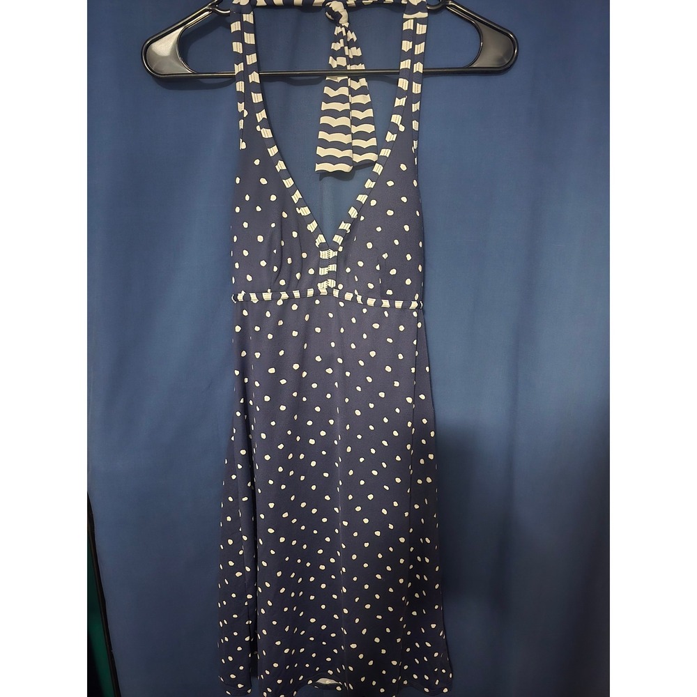 Tommy Bahama Womens Navy Blue Polka Dot Halter Dress XS Striped Trim